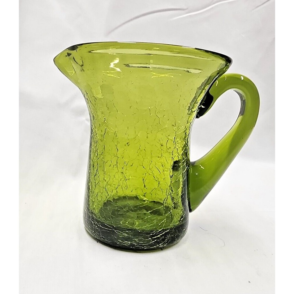 MCM Green  Hand Blown Crackle Glass Small Pitcher Mini Vase Applied Handle 3.5"